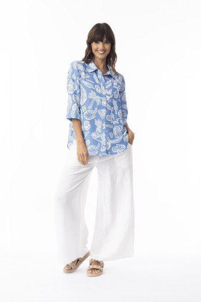 Linen Print Blue Shirt 3/4 Sleeve Blue