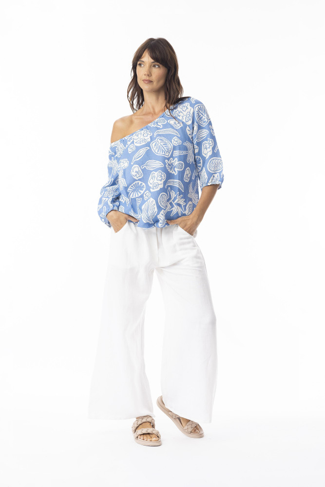 Linen Print Blue Top Gather Neck 3/4 slv Blue