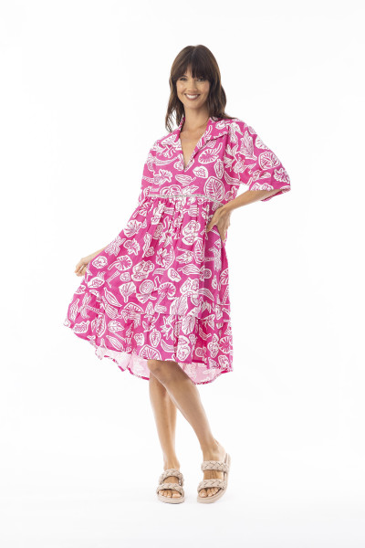 Linen Print Pink Dress layers 3/4 lv PINK