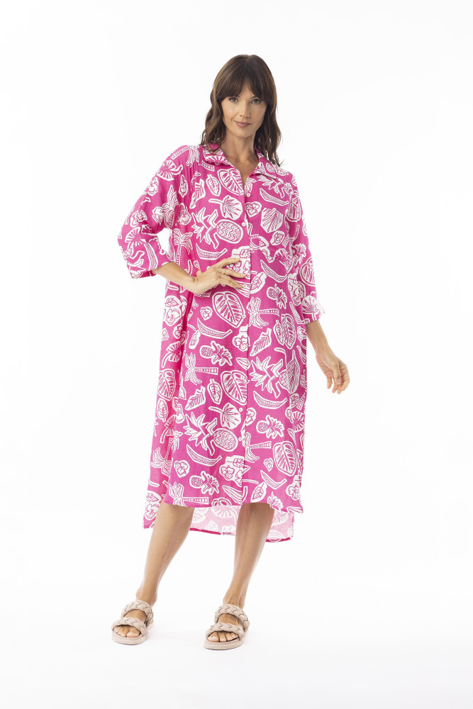 Linen Print Pink Dress Shirt Midi collar PINK