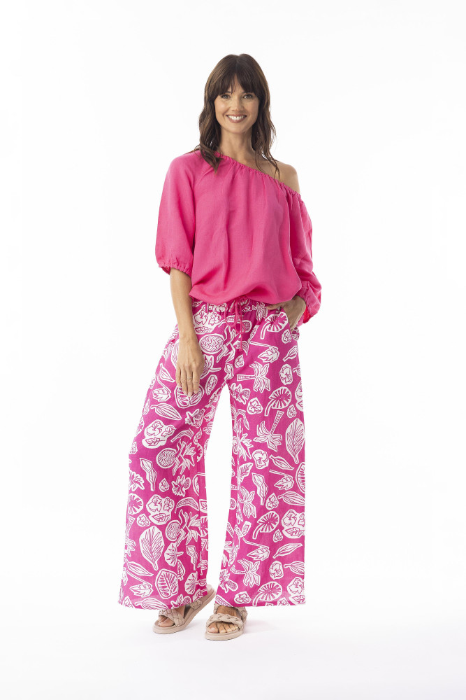 Linen Print Pink Pant PINK