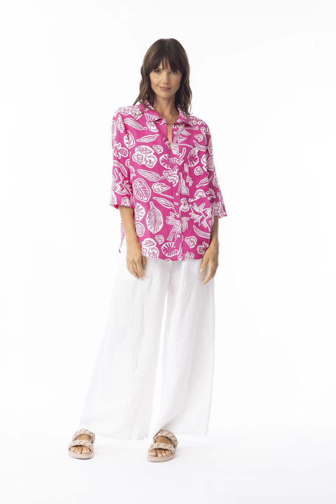 Linen Print Pink Shirt Boxy Collar PINK