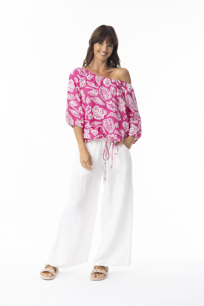 Linen Print Pink Top Gather Neck 3/4 slv PINK