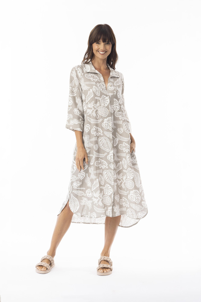 Linen Print Sand Dress Shirt Midi collar Sand