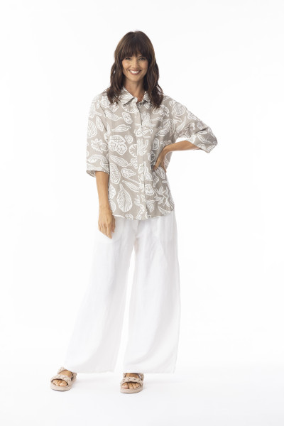 Linen Print Sand Shirt Boxy Collar Sand