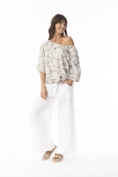 Linen Print Sand Top Gather Neck 3/4 slv Sand