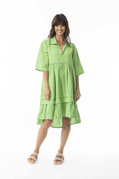 Linen Solid Dress layers 3/4 lv Classic Green
