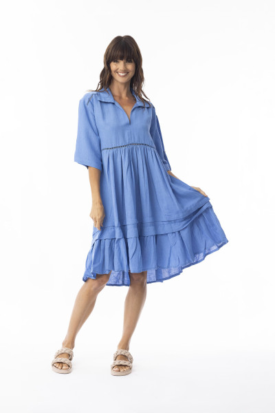 Linen Solid Dress layers 3/4 lv Ibiza Blue