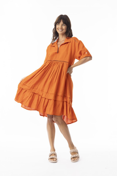 Linen Solid Dress layers 3/4 lv Mandarin