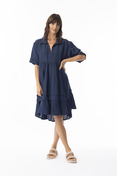 Linen Solid Dress layers 3/4 lv Navy