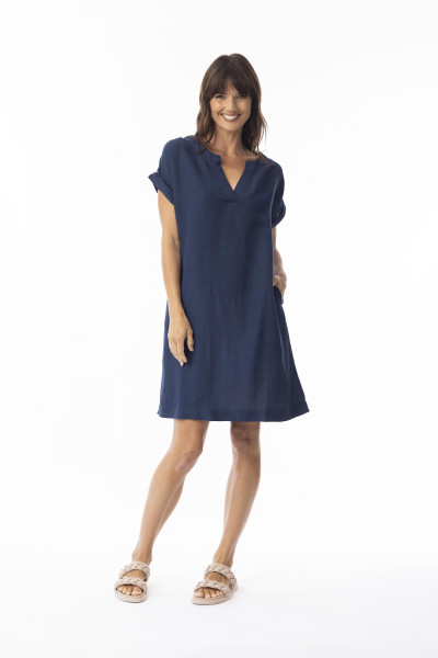 Linen Solid Dress Shift cap slv NEW Navy