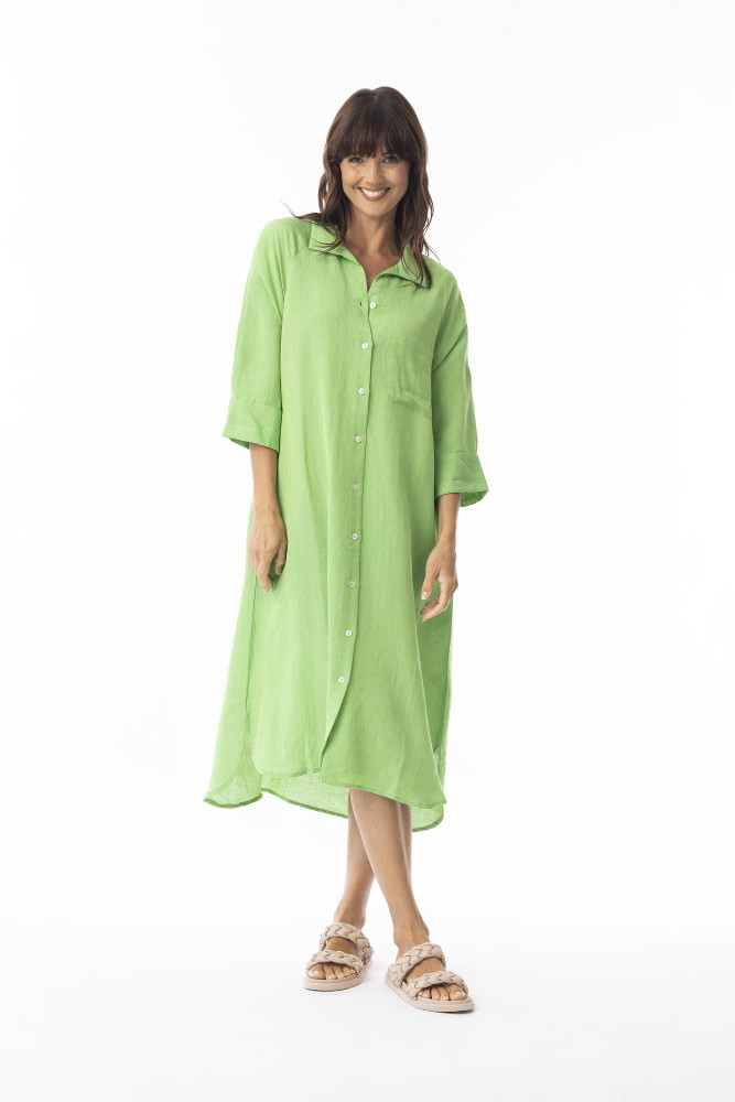 Linen Solid Dress Shirt Midi collar Classic Green