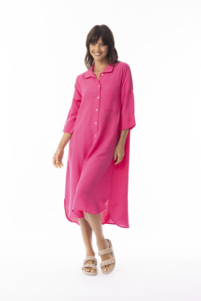 Linen Solid Dress Shirt Midi collar Hot Pink