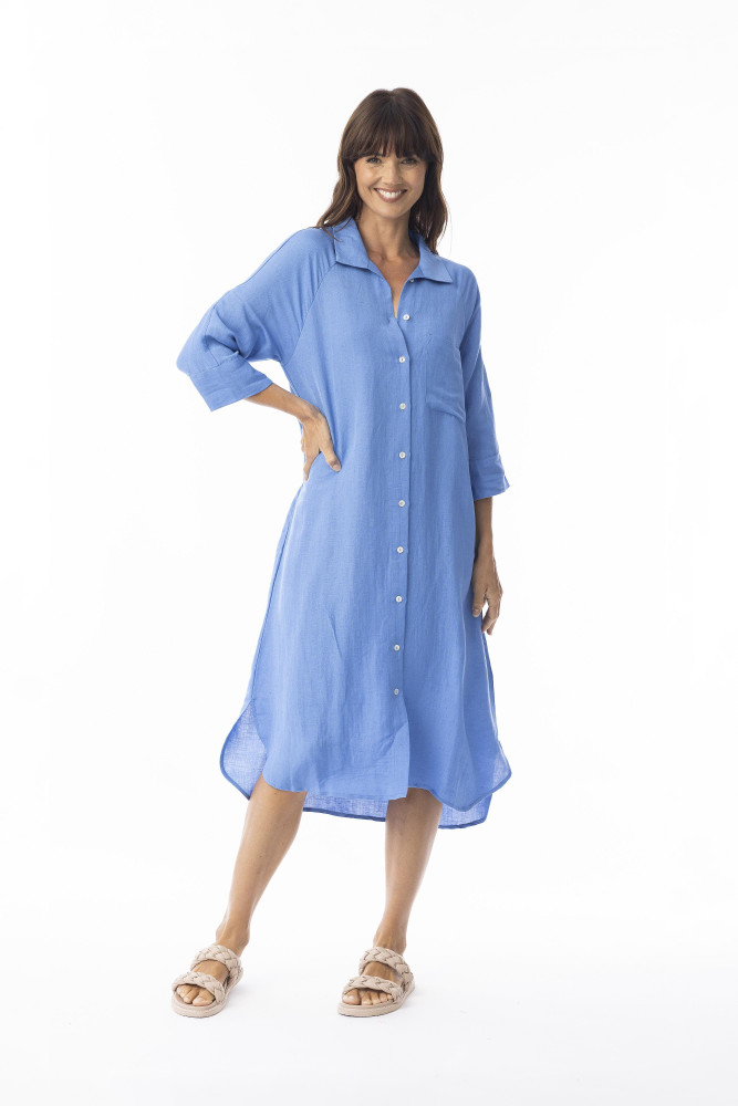 Linen Solid Dress Shirt Midi collar Ibiza Blue