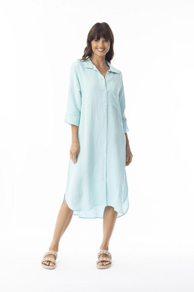 Linen Solid Dress Shirt Midi collar Island Sky