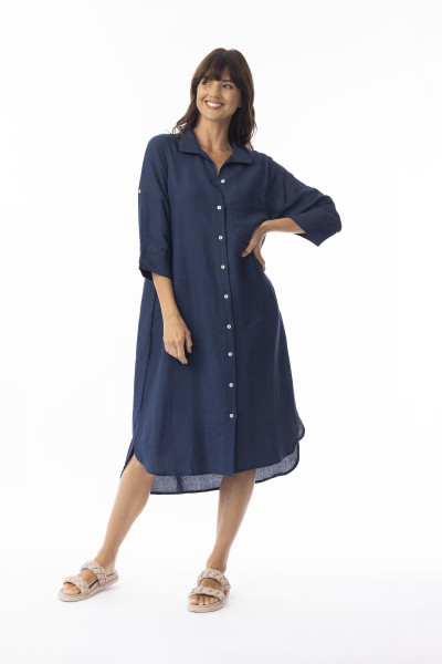 Linen Solid Dress Shirt Midi collar Navy