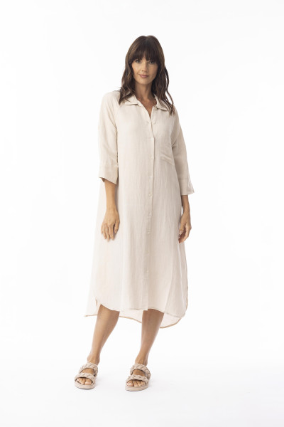 Linen Solid Dress Shirt Midi collar Sand