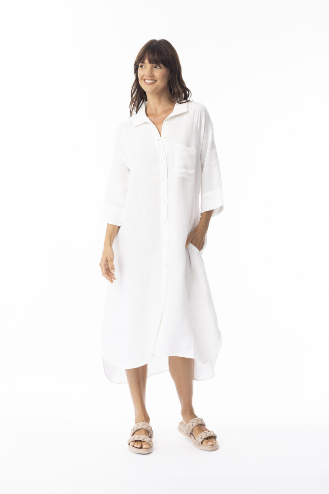 Linen Solid Dress Shirt Midi collar White
