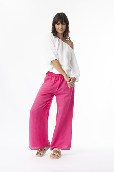 Linen Solid Pant Widfe Leg Hot Pink