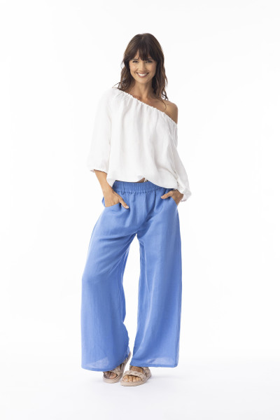 Linen Solid Pant Widfe Leg Ibiza Blue