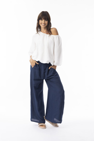 Linen Solid Pant Widfe Leg Navy