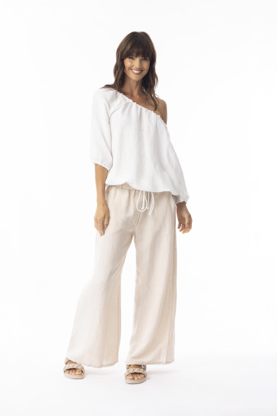 Linen Solid Pant Widfe Leg Sand