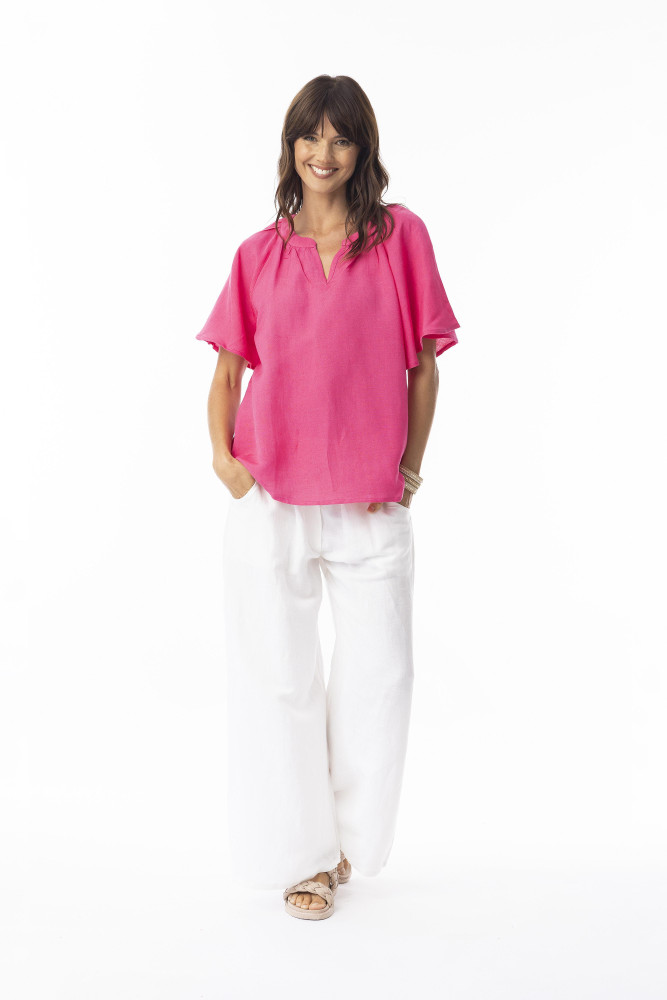 Linen Solid Top Chinese Collar wide slv Hot Pink