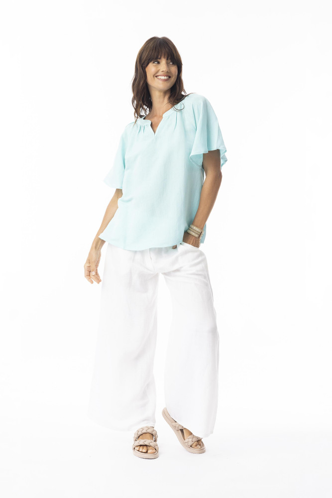 Linen Solid Top Chinese Collar wide slv Island Sky