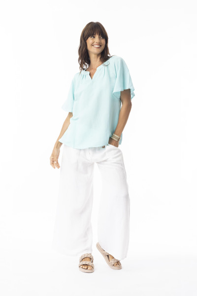 Linen Solid Top Chinese Collar wide slv Island Sky
