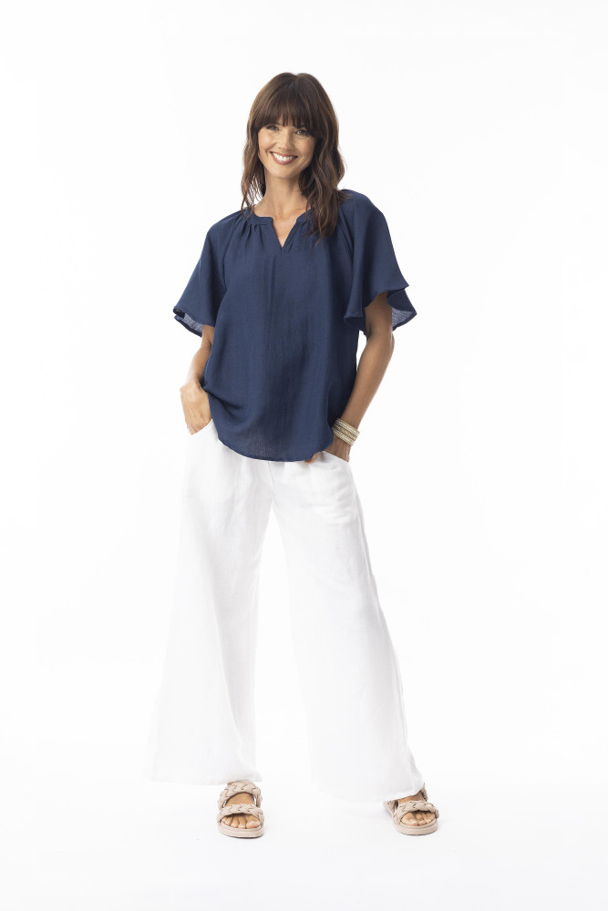 Linen Solid Top Chinese Collar wide slv Navy