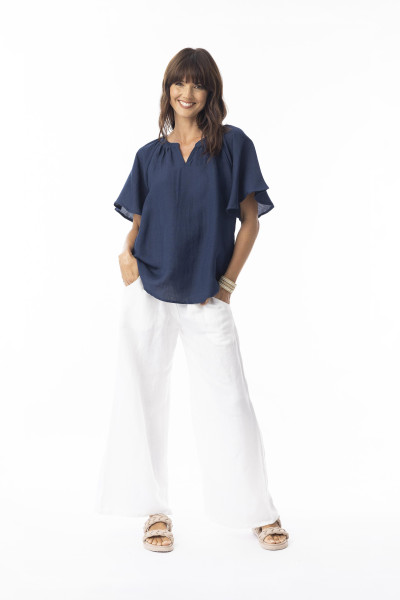Linen Solid Top Chinese Collar wide slv Navy