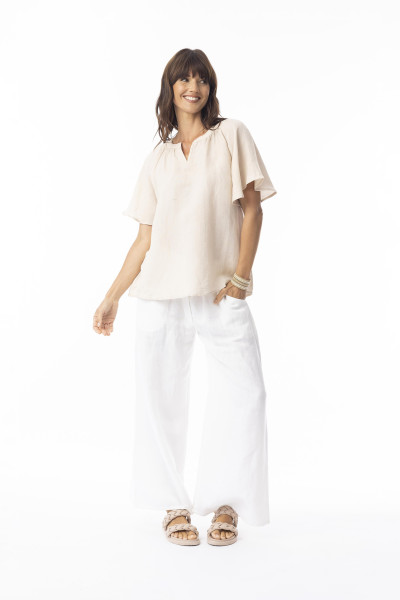 Linen Solid Top Chinese Collar wide slv Sand
