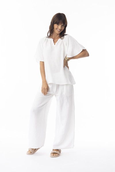 Linen Solid Top Chinese Collar wide slv White