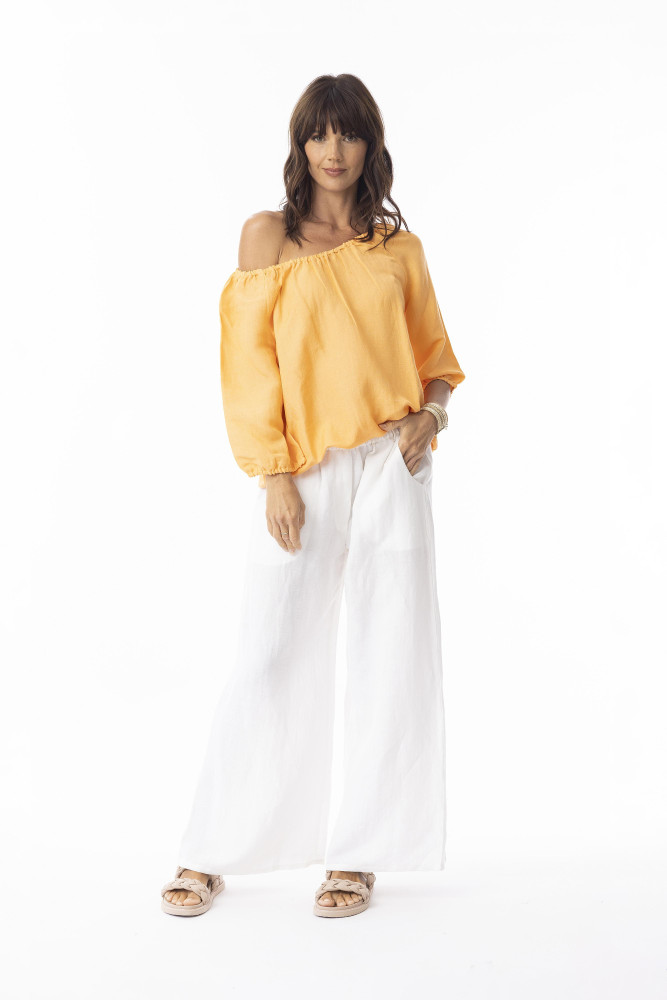 Linen Solid Top Gather Neck 3/4 slv APRICOT