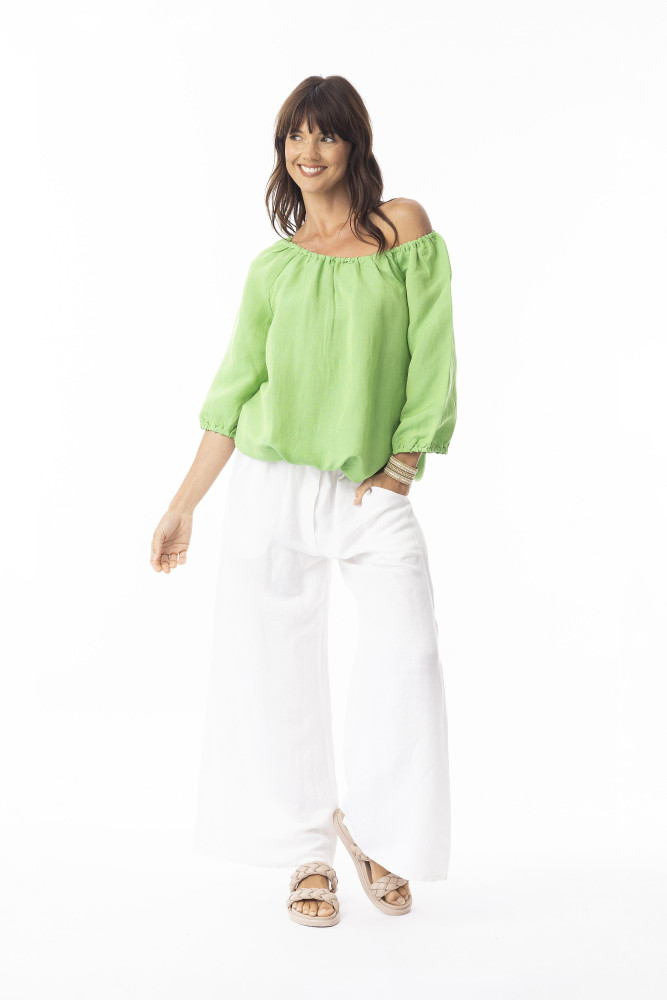 Linen Solid Top Gather Neck 3/4 slv Classic Green