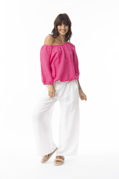 Linen Solid Top Gather Neck 3/4 slv Hot Pink