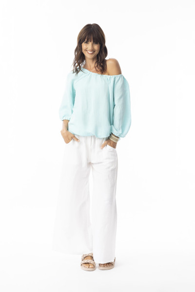 Linen Solid Top Gather Neck 3/4 slv Island Sky