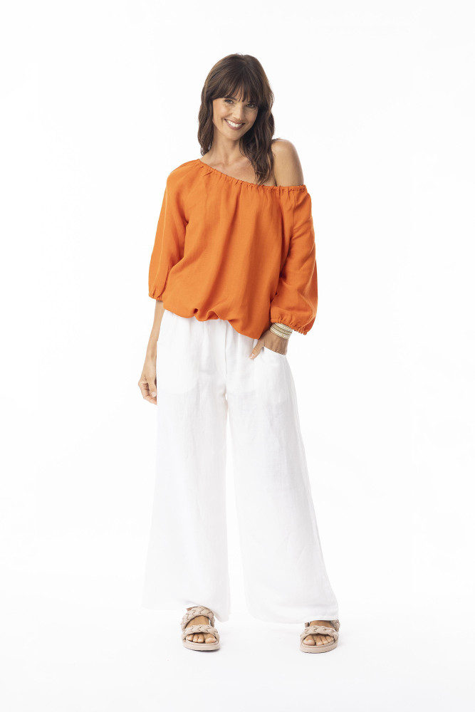 Linen Solid Top Gather Neck 3/4 slv Mandarin