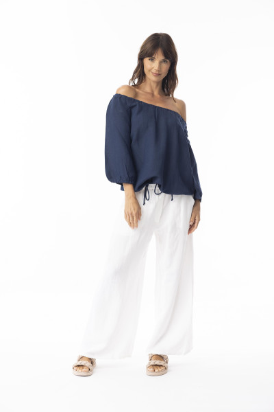 Linen Solid Top Gather Neck 3/4 slv Navy