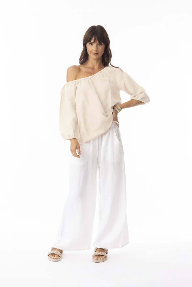 Linen Solid Top Gather Neck 3/4 slv Sand