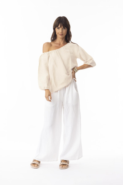 Linen Solid Top Gather Neck 3/4 slv Sand