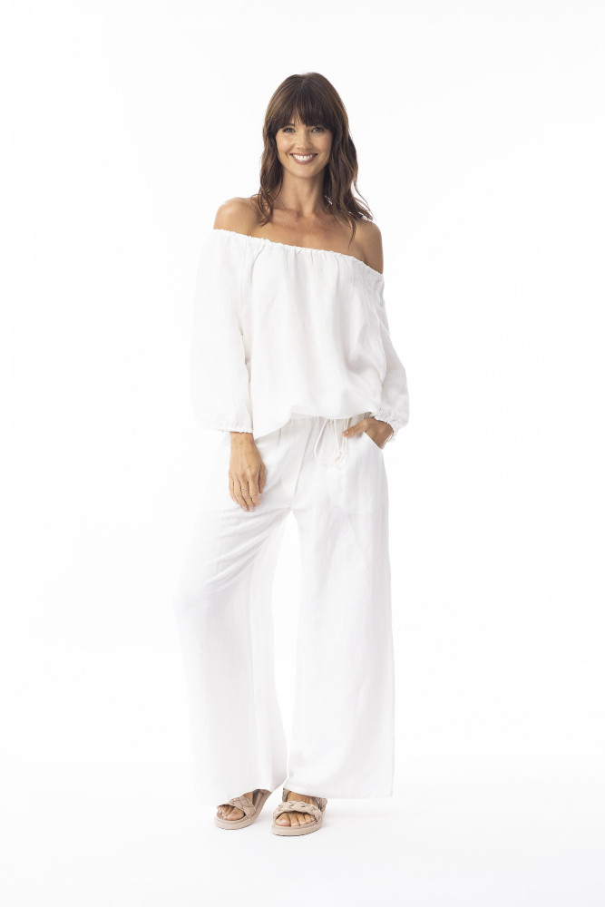 Linen Solid Top Gather Neck 3/4 slv White