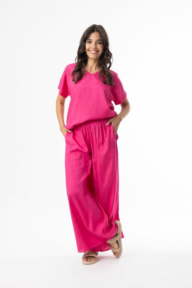 Lux Top V Neck Short Sleeve Hot Pink