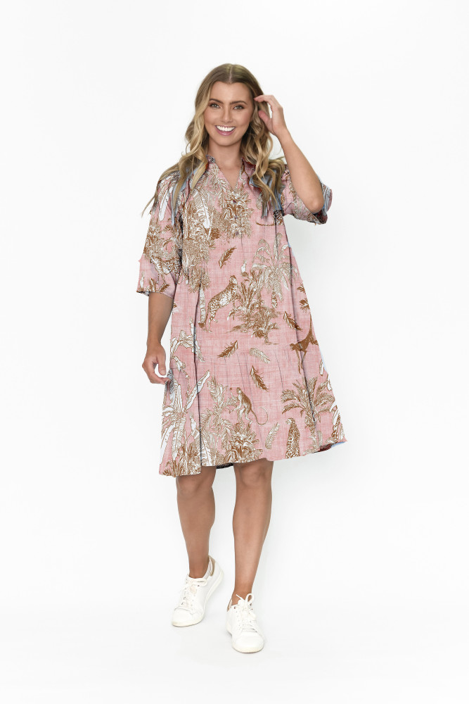 Maya Button V Neck Layer Dress Animal 4