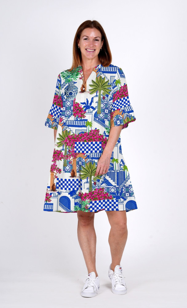 Maya Button V Neck Layer Dress Greek Island Blue