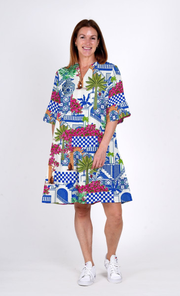 Maya Button V Neck Layer Dress Greek Island Blue