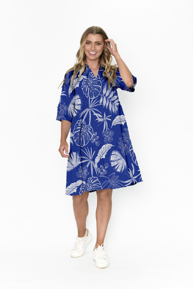 Maya Button V Neck Layer Dress Mono Indigo