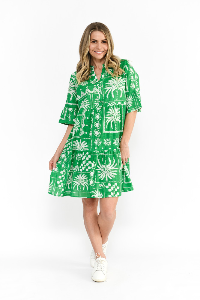 Maya Button V Neck Layer Dress Mono Patch Green