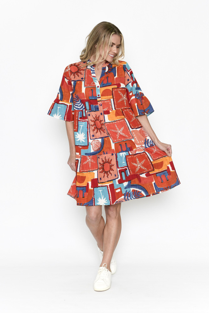 Maya Button V Neck Layer Dress SunSea 1