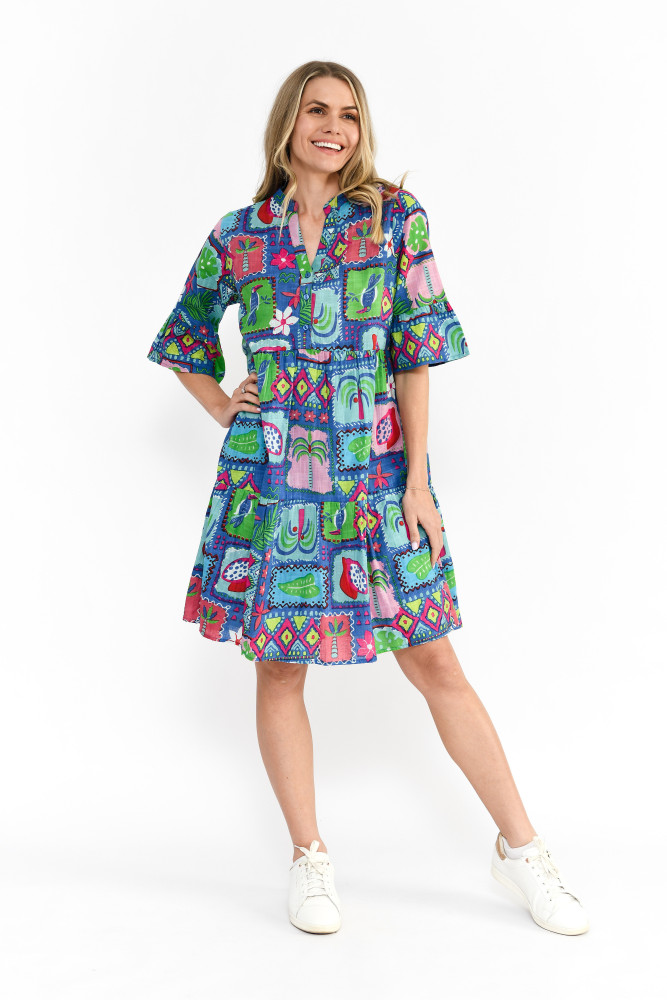 Maya Button V Neck Layer Dress Trop Stories Blue